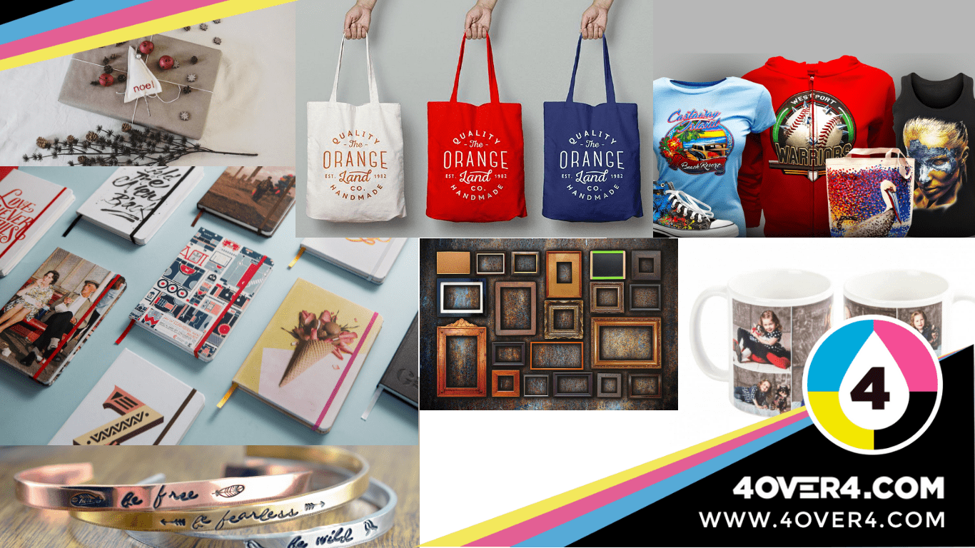 Range of custom printed totebags, notepads. t-shirts, photoframes, mugs, wristbands, etc.