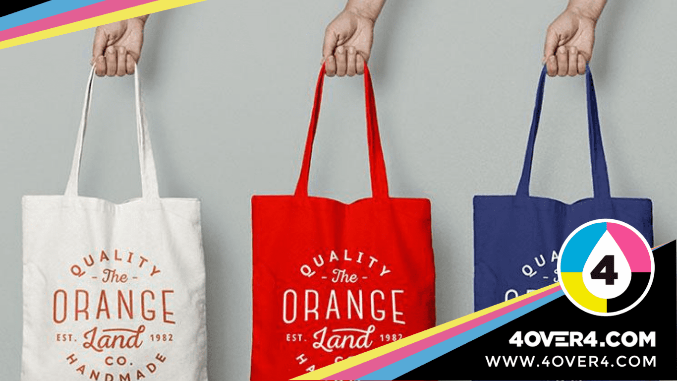 Red, blue, and white totebags customized and printed
