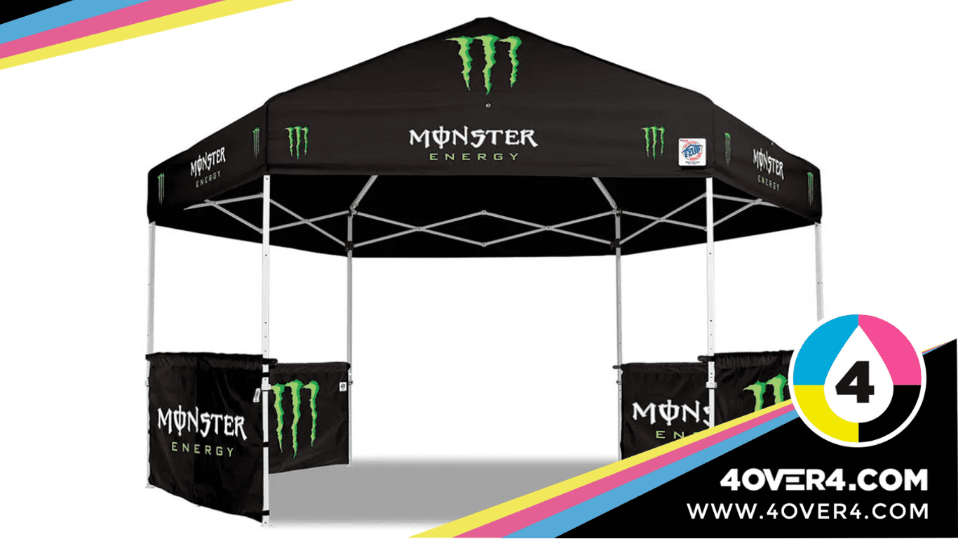 Black color event tent with logo and design printed on it